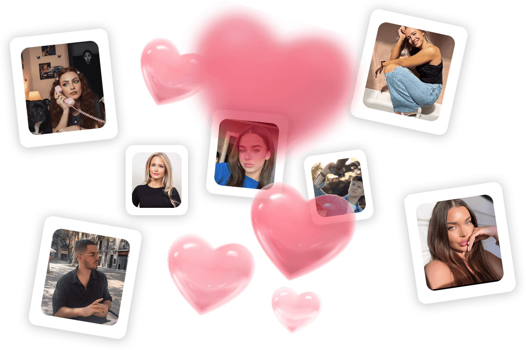 Collage of eight people in individual framed photos with floating red and pink hearts in the background.