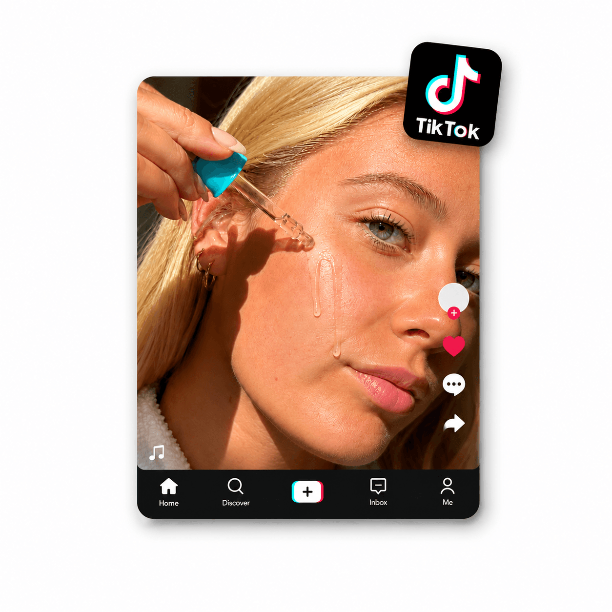 Person applying serum with a dropper on their cheek, shown in a TikTok app screen layout.