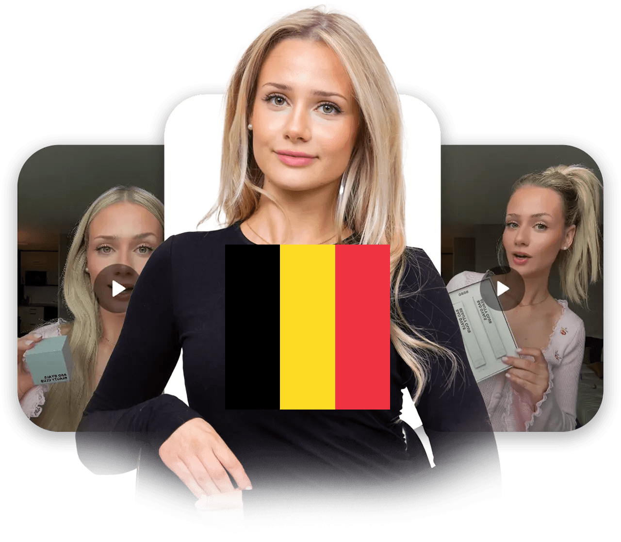 Vrouw met blond haar poseert voor de camera met video's en een Belgische vlag op de achtergrond.