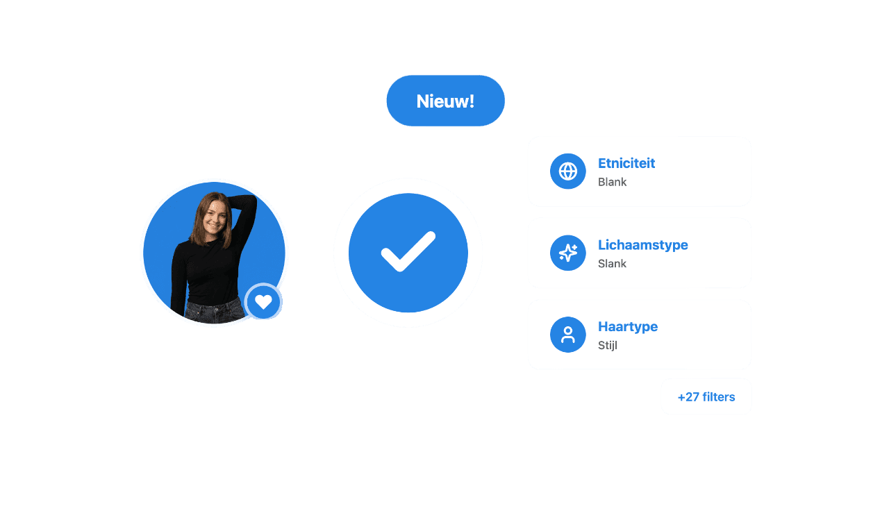 Profile selection interface with a smiling womanโs photo, a checkmark, and options: "Etniciteit," "Lichaamstype," "Haartype," and "+27 filters".