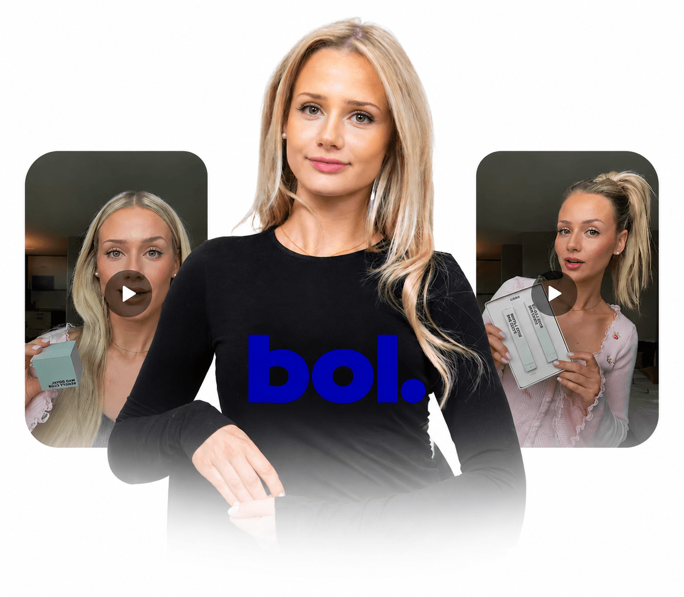 Woman in black top with "bol." logo in front, flanked by video screenshots of her holding skincare products on each side.