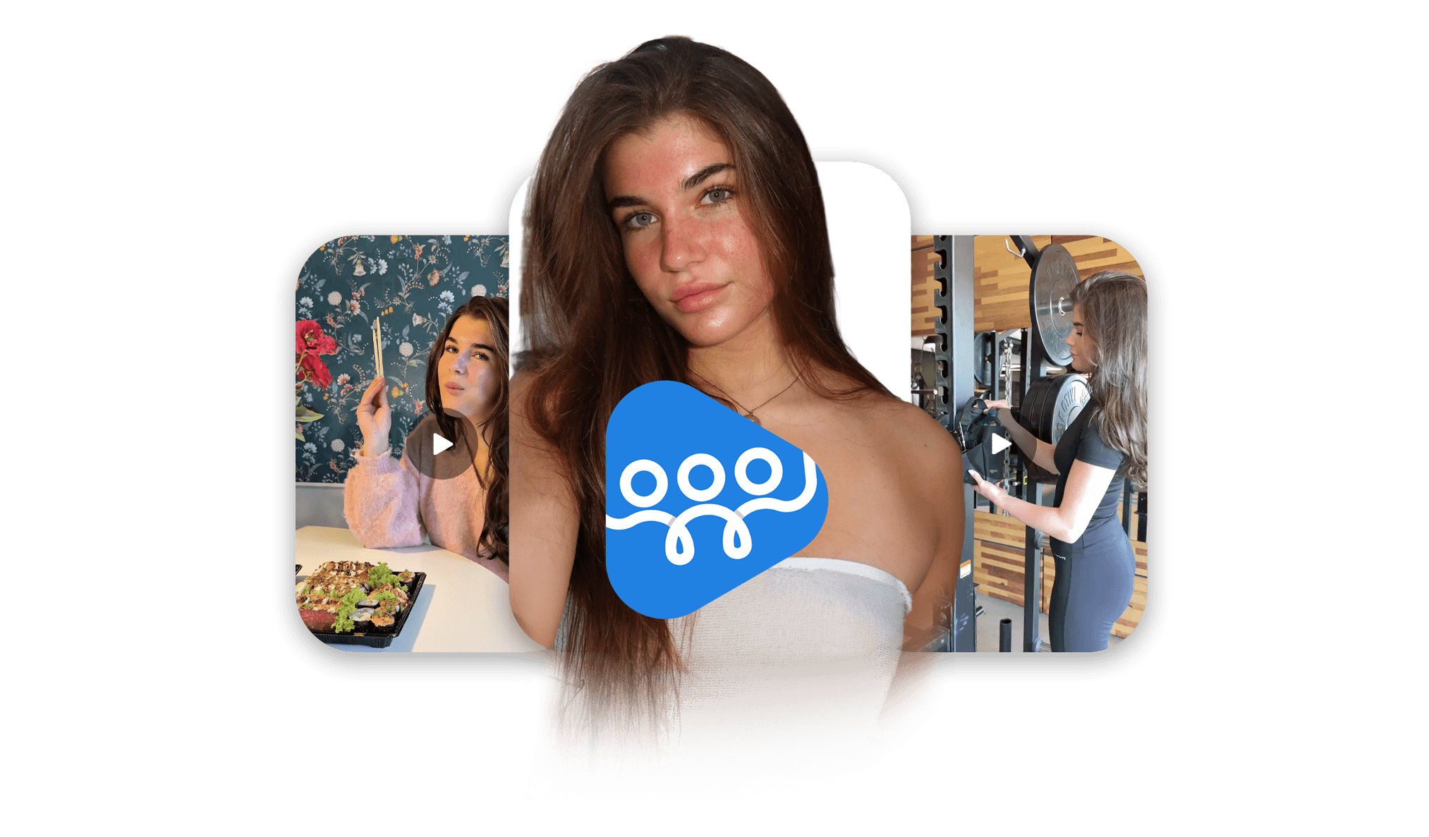 Jonge vrouw met lang haar, omringd door video's van haar in een restaurant en sportschool. Prominent logo in het midden.