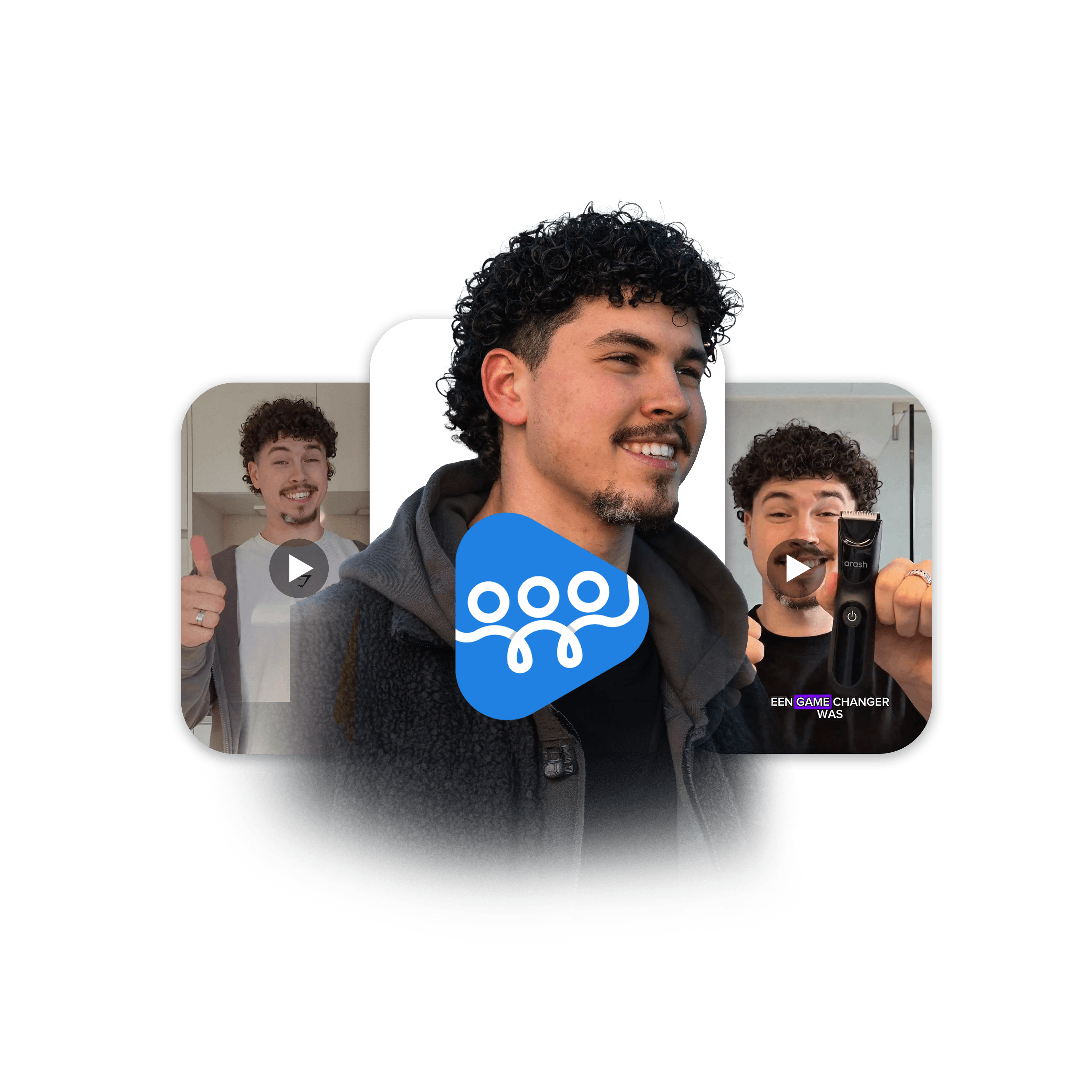 Smiling person with curly hair in a layered collage featuring video thumbnails with play buttons.Ma
