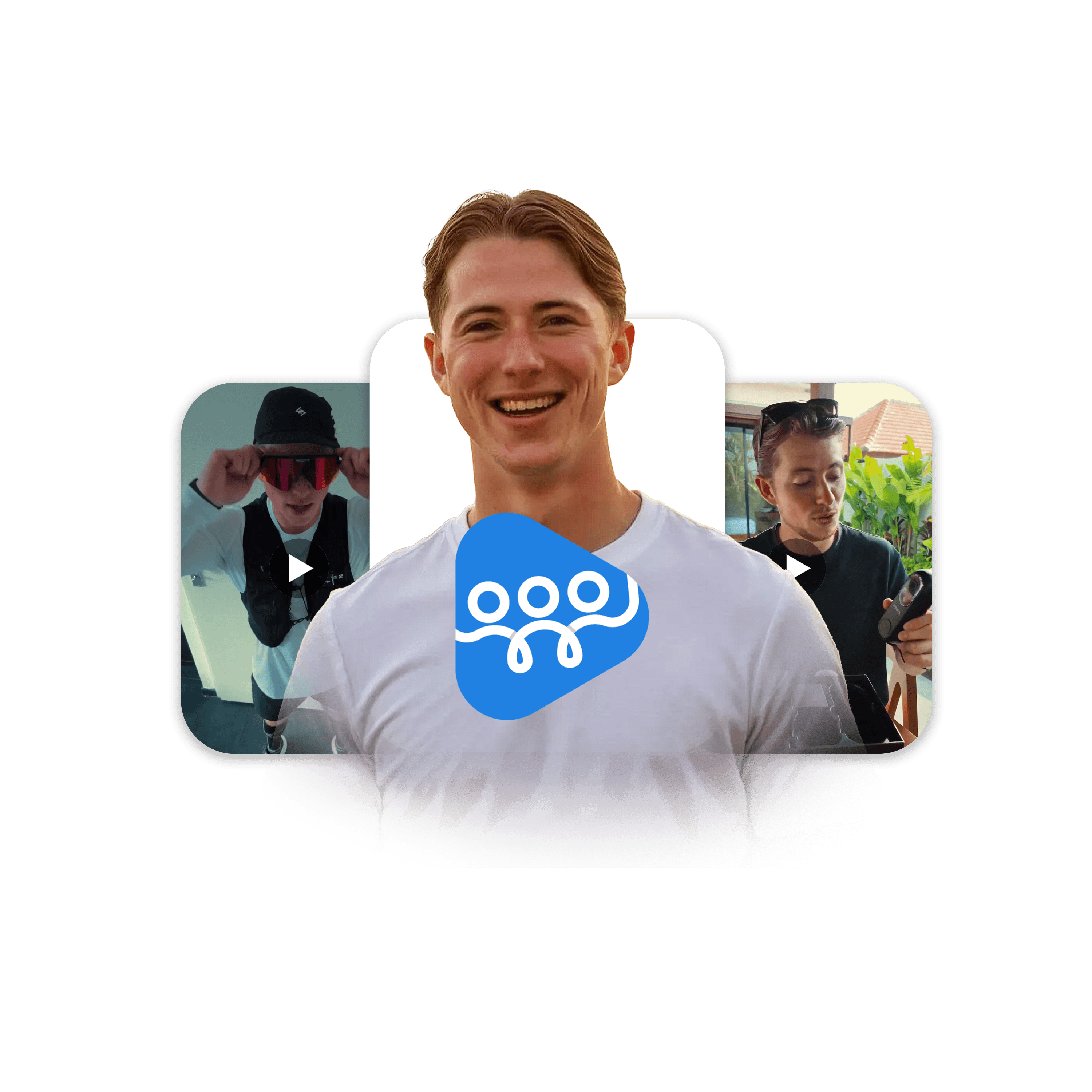 Smiling man in a white shirt in front of two semi-transparent video thumbnails featuring him in different settings.
