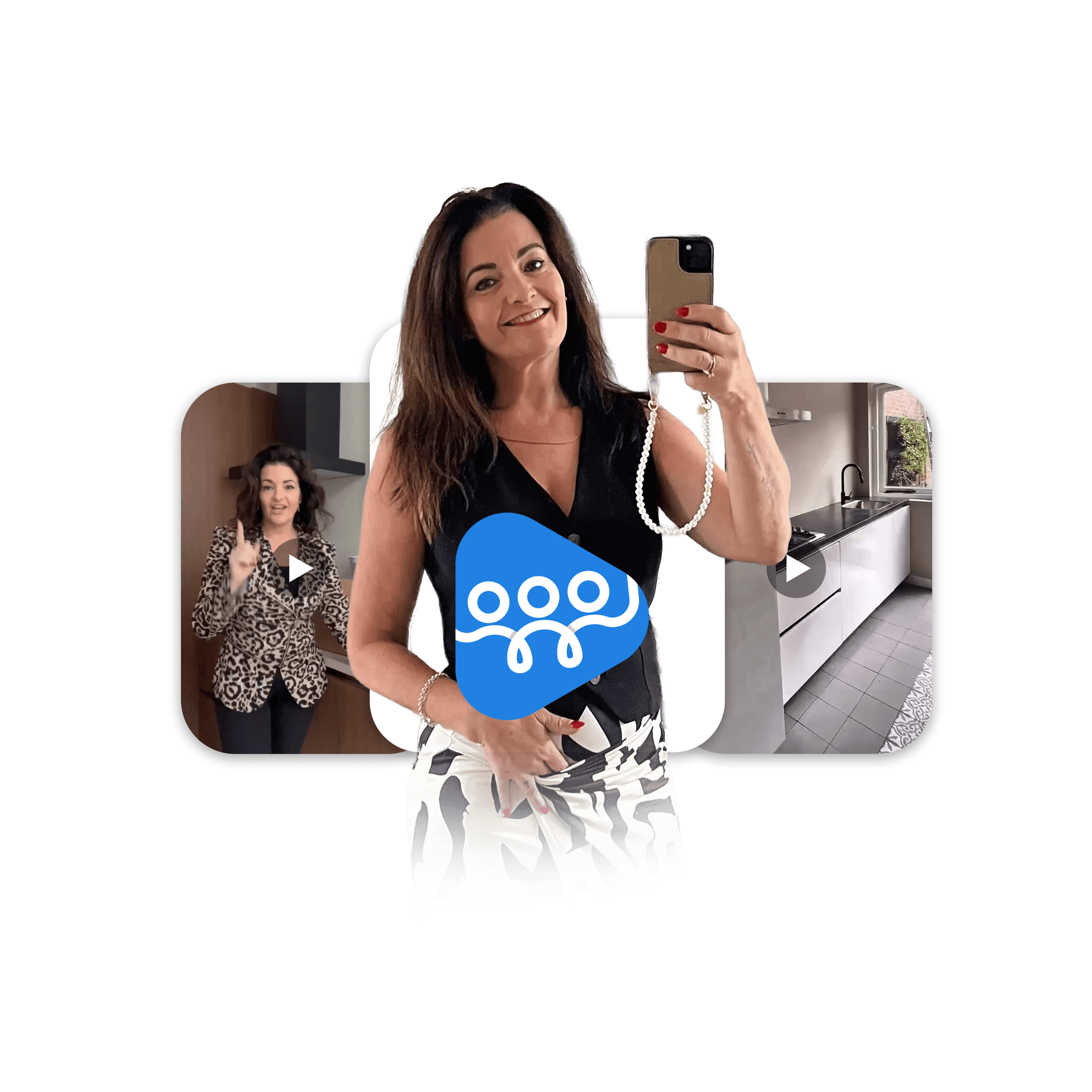 Woman taking a mirror selfie with a smartphone. Overlaid images include her entering a room and a kitchen interior.
