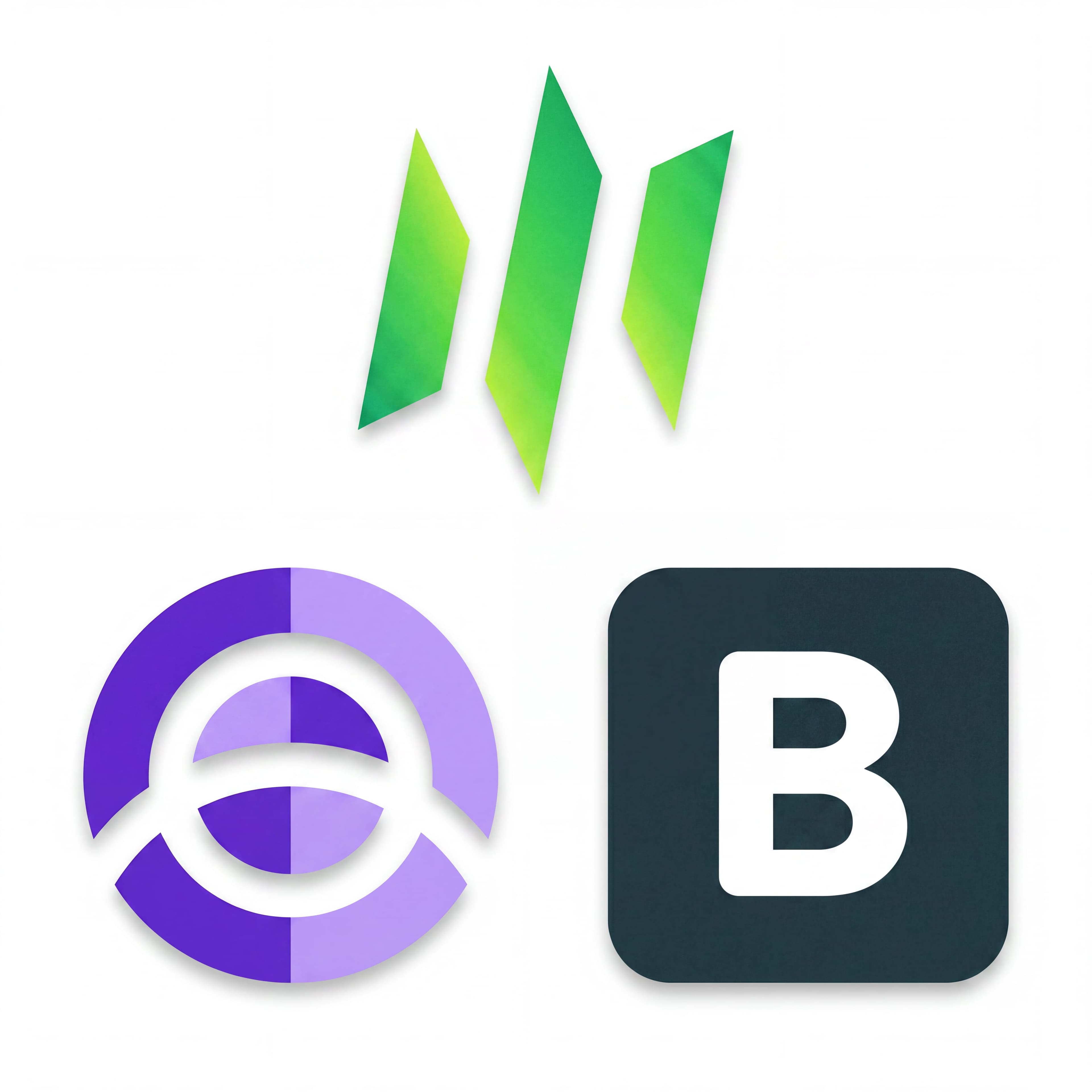 Three distinct logos: a green angular design, a purple circular emblem, and a black square with a white "B".