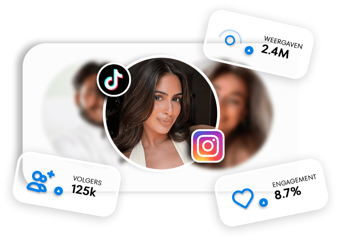 Creatorprofiel met TikTok- en Instagram-logo, volgers, weergaven en engagement