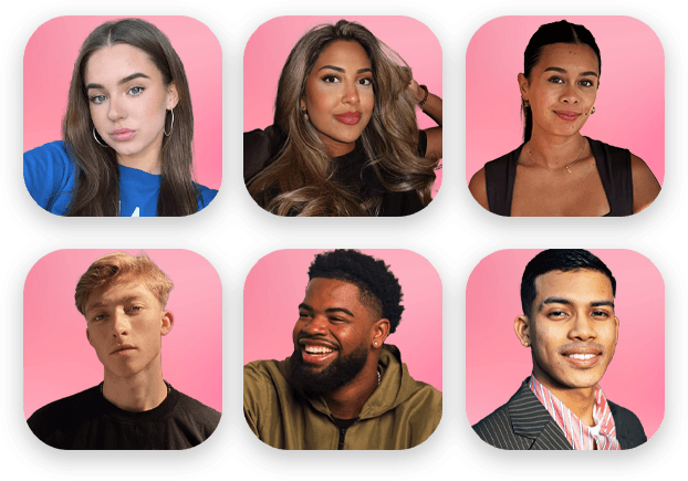 Six diverse individuals in a 3x2 grid, each smiling against a pink background.